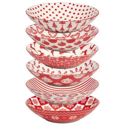 Certified International Peppermint Candy Set Of 6 Soup Bowl Asst In White;red