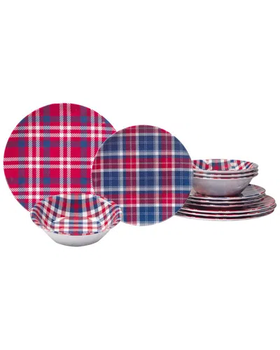 Certified International Patriotic Plaid 12pc Dinnerware Set In Red