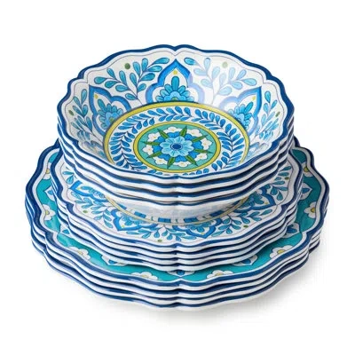 Certified International Porto 12pc Melamine Dinnerware Set For 4 – Artistically Designed Talavera Tile Art, Turquoise Blue Y In Multicolored