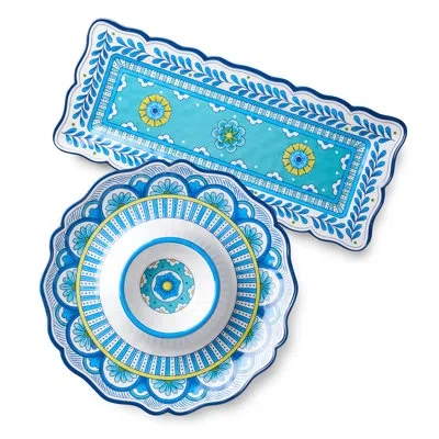 Certified International Porto 2pc Melamine Appetizer Set – 14.5" Chip Dip & 19x8" Rectangular Platter, Artistically Designed In Multicolored