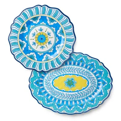 Certified International Porto 2pc Melamine Platter Set – 14" Round & 18x13.5" Oval, Artistically Designed Talavera Tile Mand In Multicolored