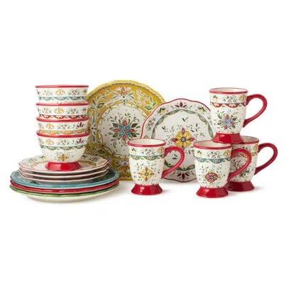 Certified International Provence 16-piece Dinnerware Set, Service For 4 – Plates, Mugs & Bowls With Elegant Scroll Embossing In Blue;white;green;red;beige;yellow