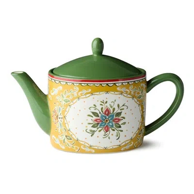 Certified International Provence 36 oz Ceramic Teapot – Vintage French Country Style With Green Lid – Folk-inspired Floral M In White;green;red;beige;orange