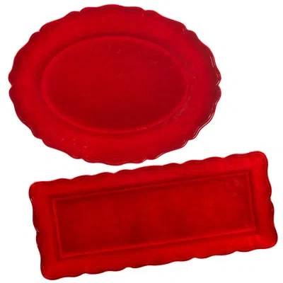 Certified International Red Crackle Melamine 2pc Platter Set -  Rect 19 " X  8 Oval 18" X 13.5