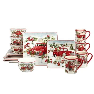 Certified International Red Truck Snowman 16pc Dinnerware Set In White;red