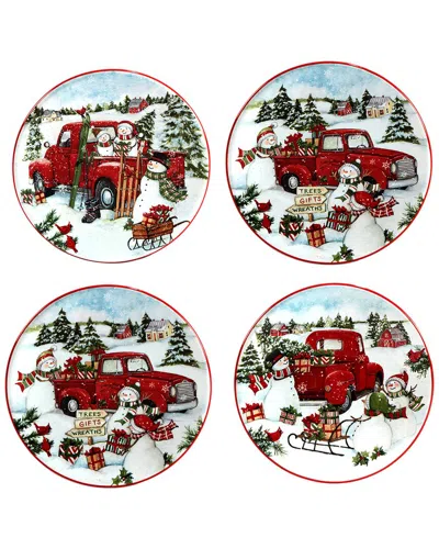 Certified International Red Truck Snowman Set Of 4 Canape Plates In Multi