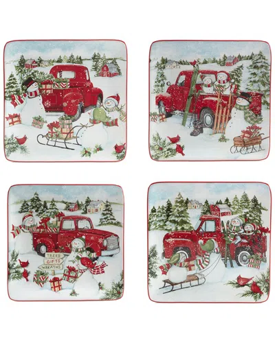 Certified International Red Truck Snowman Set Of 4 Dessert Plates In Multi