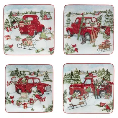 Certified International Red Truck Snowman Set Of 4 Dessert Plates In White;green;red