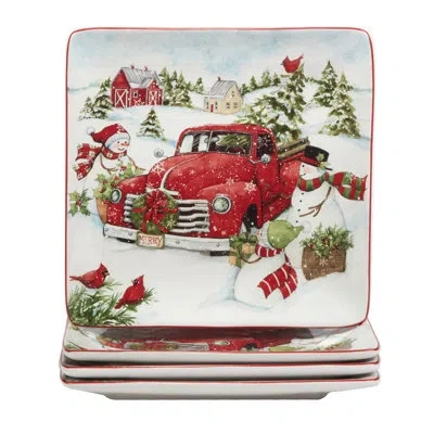 Certified International Red Truck Snowman Set Of 4 Dinner Plates In Multi