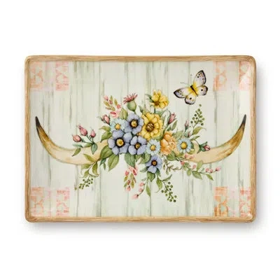 Certified International Rosewood Rectangular Platter 14" X 10" In Brown;green;beige;yellow;pink;purple