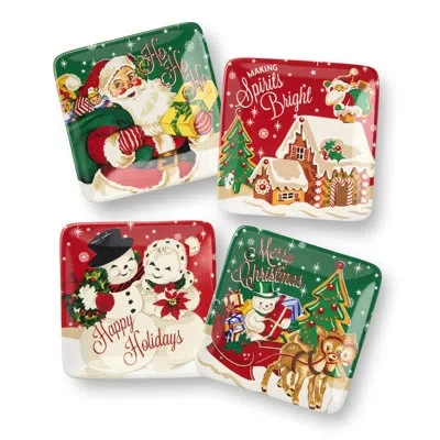 Certified International Santa's Retro Christmas Canapé Plates – Set Of 4 Assorted 6" Holiday Ceramic Plates With Santa, Rein In White;green;red;beige;yellow