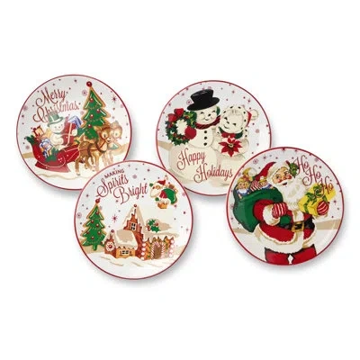 Certified International Santa's Retro Christmas Dessert Plates – Set Of 4 Assorted Holiday Plates With Santa, Reindeer & Sno In White;green;red;beige;yellow