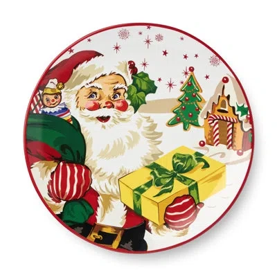 Certified International Santa's Retro Christmas Dinner Plates – Set Of 4 Vintage Holiday Plates With Santa, Reindeer & Snowm In White;green;red;beige;yellow