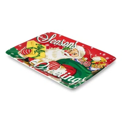 Certified International Santa's Retro Christmas Rectangular Platter – Holiday Ceramic Serving Tray With Vintage Santa, Reind In White;green;red;beige;yellow