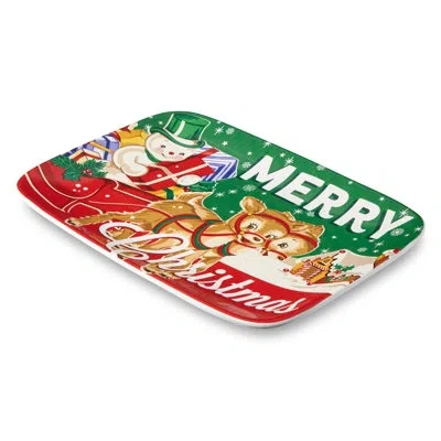 Certified International Santa's Retro Christmas Rectangular Platter – Holiday Ceramic Tray With Vintage Santa, Reindeer & Sn In White;green;red;beige;yellow