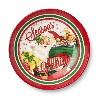 Certified International Santa's Retro Christmas Serving Bowl – Large Holiday Ceramic Bowl With Santa, Snowman & Reindeer Art In White;green;red;beige;yellow