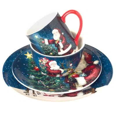 Certified International Santa's Secret 16pc Ceramic Dinnerware Set 4 Dinner 4 Dessert Plates 4 Mugs 4 Ice Cream Bowls In Blue;white;green;red