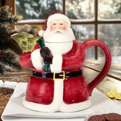 Certified International Santa's Secret 3-d Teapot - Santa 7" X 5.125" X 7" 28oz In Blue;black;white;red