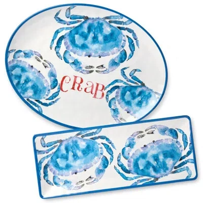 Certified International Seaside Serving Elegance: Beach House Crab Melamine 2-piece Platter Set – Oval & Rectangular Platter In Blue;white
