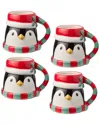 Certified International Set Of 4 Christmas Whimsy Penguin 3d Mugs In Multi