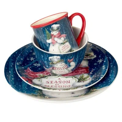 Certified International Snowman Greetings 16pc Ceramic Dinnerware Set 4 Dinner 4 Dessert Plates 4 Mugs 4 Ice Cream Bowls In Blue;white;green;red
