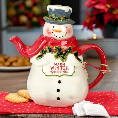 Certified International Snowman Greetings 3-d Teapot - Santa 8.25" X 5.25" X 8.125" 34oz In Blue;black;white;red