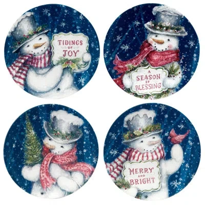 Certified International Snowman Greetings Set Of 4 Dessert Plate 9" Asst. In Blue;white;green;red
