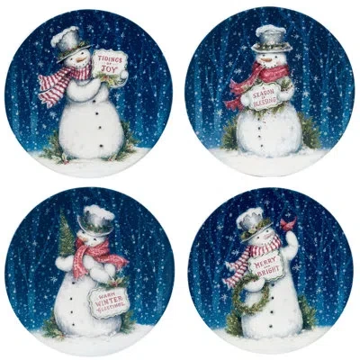 Certified International Snowman Greetings Set Of 4 Dinner Plate 11" Asst In Blue;white;green;red