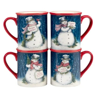 Certified International Snowman Greetings Set Of 4 Mug 16 Oz. Asst. In Blue;black;white;red