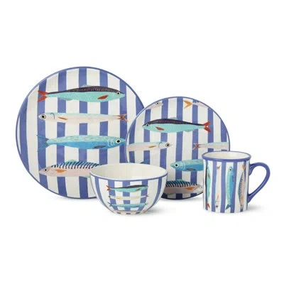 Certified International Something Fishy 16-piece Ceramic Dinnerware Set, Coastal Blue Striped Plates, Mugs And Bowls With Ar In Multicolored