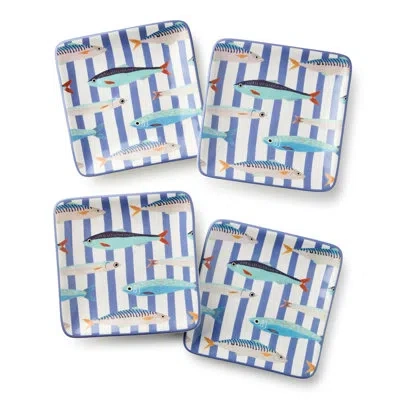 Certified International Something Fishy Ceramic Canape Plate Set Of 4, 6-inch Coastal Appetizer Plates With Bold Stripes And In Multicolored