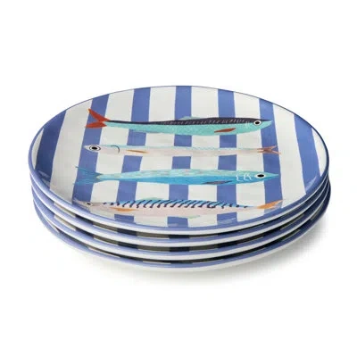 Certified International Something Fishy Ceramic Dinner Plate Set Of 4, 11-inch Nautical Plates With Bold Blue Striping And V In Multicolored