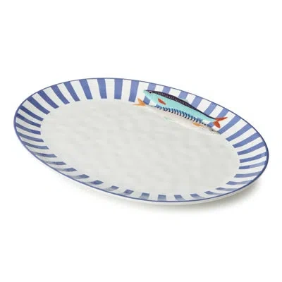 Certified International Something Fishy Ceramic Oval Platter 16 X 12 Inches, Coastal Striped Serving Platter With Vibrant Fi In Multicolored
