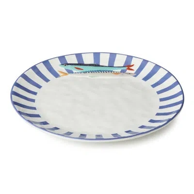 Certified International Something Fishy Ceramic Round Platter 13-inch, Coastal Blue Striped Serving Piece With Colorful Fish In Multicolored