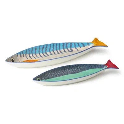 Certified International Something Fishy Porcelain 3-d Fish Platter Set, 2-piece Sculpted Coastal Serving Platters With Bold  In Multi