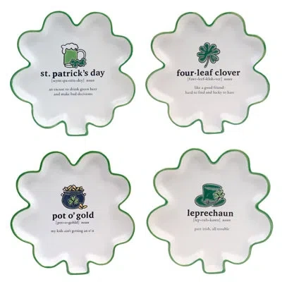 Certified International St. Patrick's Day Set Of 4 Shamrock Shaped Tidbit Plates – 6.5" Stoneware Plates With Humorous Irish In White;green