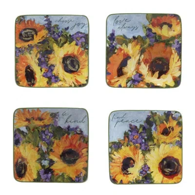 Certified International Sunflower Bouquet Set Of 4 Canape Plates, 6" Asst. In Blue;orange;purple