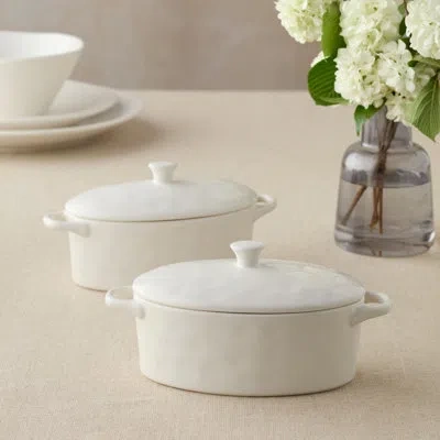 Certified International The Linen Cream Set Of 2 Oval Mini Baker Set Of 2 – Lidded Scandinavian Stoneware Egg Cocotte Dishes In Neutral