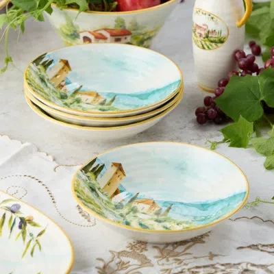 Certified International Tuscany 4-piece Stoneware Pasta Bowl Set – Rustic Italian-inspired Design With Printed Vineyard Scen In Blue;white;green;red;yellow