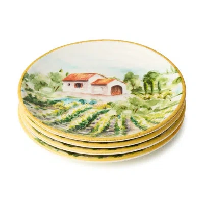Certified International Tuscany Set Of 4 Canape Plates – 6 Inch Stoneware Appetizer Dishes With Tuscan Vineyard Print – Eleg In Blue;white;green;red;yellow