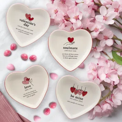 Certified International Valentine's Day Set Of 4 Heart Shaped Tid Bit Plates In White;red