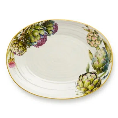 Certified International Verdura Oval Platter – Authentic Rustic Farmhouse Botanical Stoneware With Vibrant Artichoke & Herb  In Blue;green;yellow;purple;cream