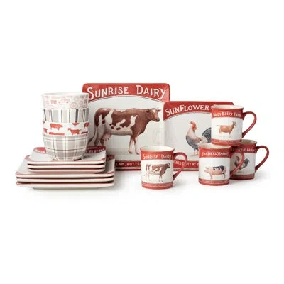 Certified International Vintage Farm 16-piece Dinnerware Set, Includes 10.5-inch Dinner Plates, 8.5-inch Salad Plates, 16-oz In Brown;white;red;beige;pink