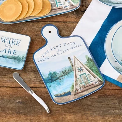 Certified International Wake At The Lake Cheese Plate & Oval Tray Set – Rustic Lake House Melamine Serveware With Dip Bowl & In Blue;brown;white;green