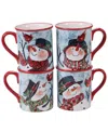 Certified International Set Of 4 Watercolor Snowman Mugs In Blue,white,red
