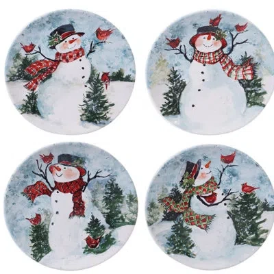 Certified International Watercolor Snowman  Set/4 Dinner Plate 11" Asst. In Green;red;sky Blue