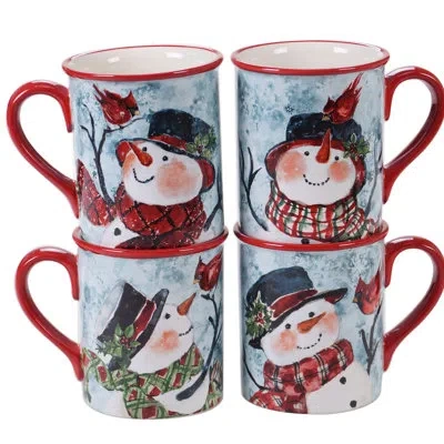 Certified International Watercolor Snowman  Set/4 Mug 16 Oz. Asst. In Green;red;sky Blue