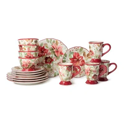 Certified International Winter Blooms 16-piece Romantic Holiday Dinnerware Set – Elegant Floral Ceramic Plates, Mugs & Bowls In Brown;white;green;red;pink