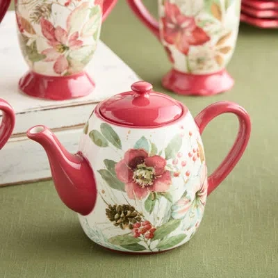 Certified International Winter Blooms Holiday Ceramic Teapot – 36 oz Festive Floral Christmas Teapot With Lid & Handle – Mic In Brown;white;green;red;pink