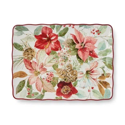 Certified International Winter Blooms Holiday Rectangular Platter – 16" X 12" Ceramic Serving Tray With Poinsettia Design –  In Brown;white;green;red;pink